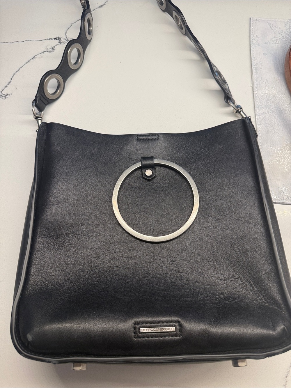 Rebecca Minkoff Black Leather Shoulder Bag with Silver Ring Accent - Picture 1 of 2